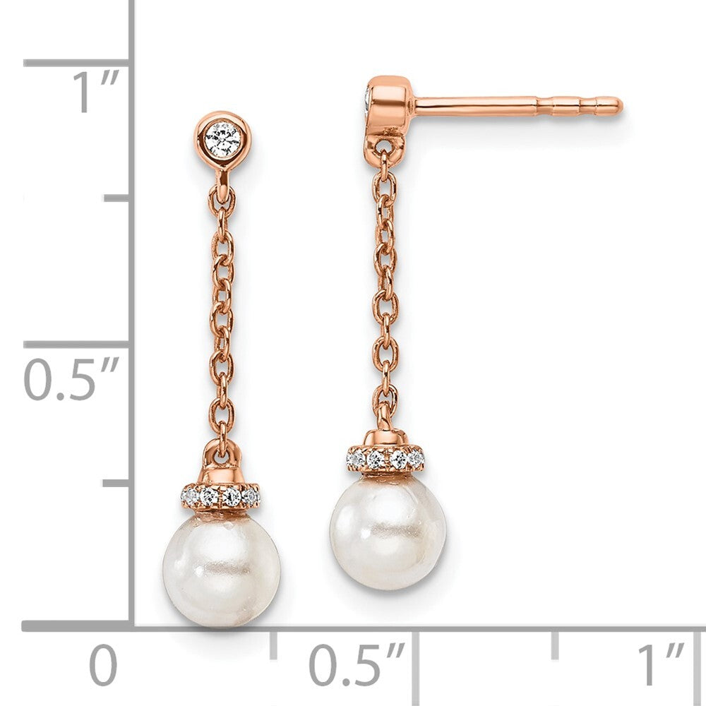 14K Rose Gold Polished Diamond and Pearl Chain Dangle Earrings