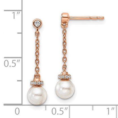 14K Rose Gold Polished Diamond and Pearl Chain Dangle Earrings