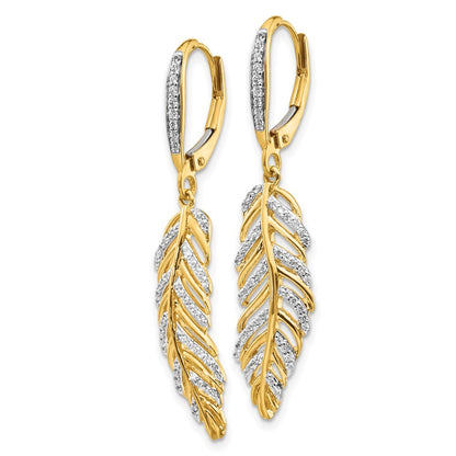14k Yellow Gold Diamond Fancy Feather Leverback Drop & Dangle Earrings