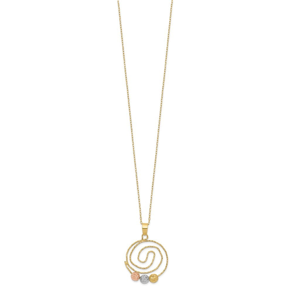 14k Tri-color Gold Diamond-Cut Beads on Spiral Pendant Necklace