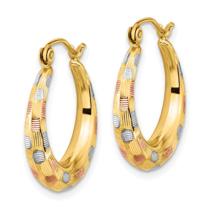 14k Yellow Gold White and Rose Rhodium Polished Satin Diamond-cut Hoop Earrings