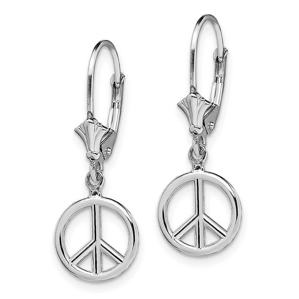 14K White Gold 3-D Peace Symbol Dangle Earrings Leverback Gift for Women