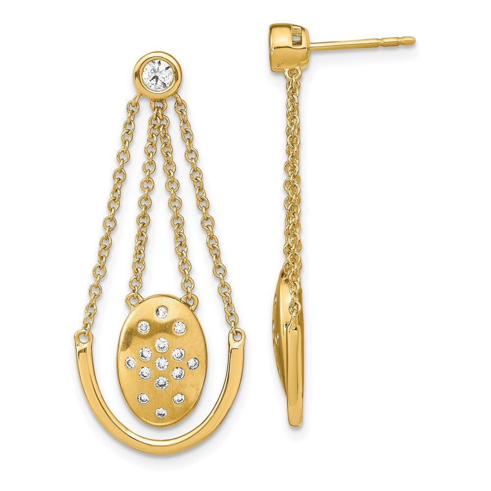 14k Yellow Gold Satin/Polished Diamond Oval w/Chain Dangle Earrings