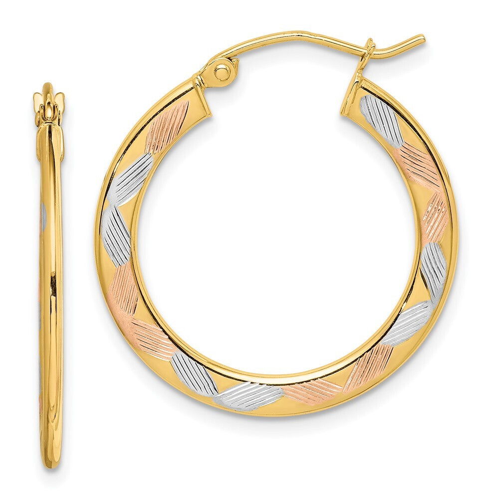 14k Yellow Gold White and Rose Rhodium Diamond-cut Hoop Earrings Gift for Women
