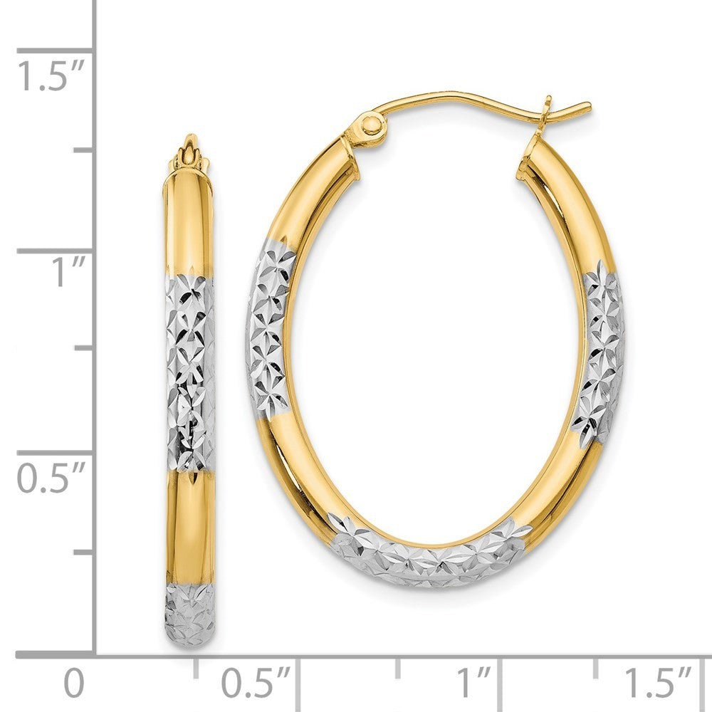 14k Yellow Gold w/ White Rhodium 3mm Diamond Cut Oval Hollow Hoop Earrings