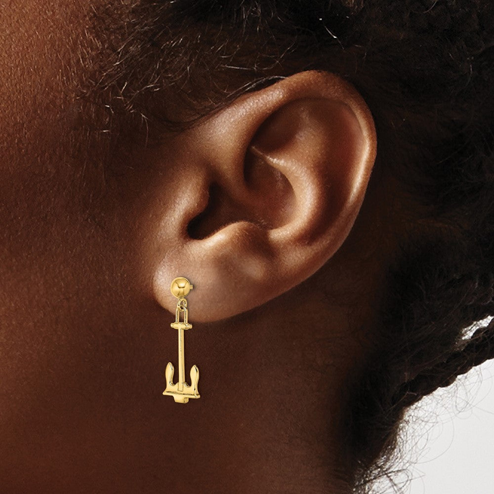 14k Yellow Gold Polished Navy Anchor Dangle Earrings