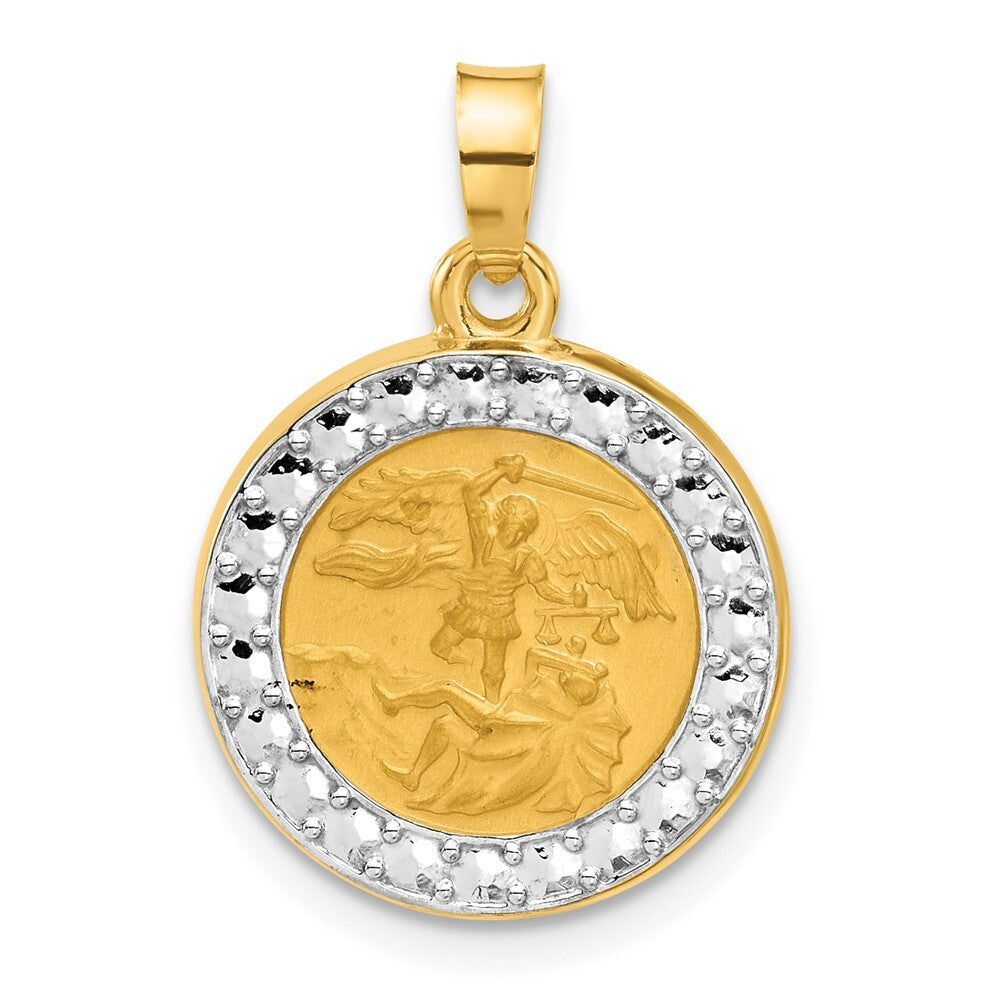 14k Yellow Gold with White Rhodium Hollow St. Michael Medal Pendant for Women