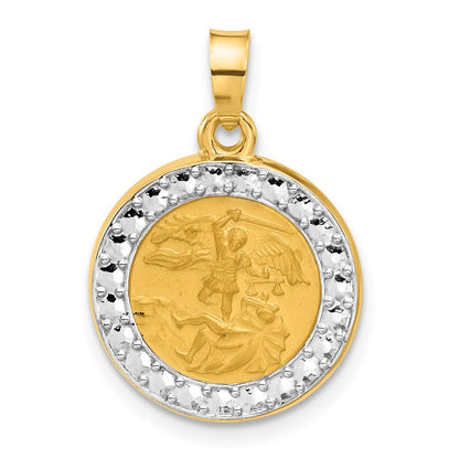 14k Yellow Gold with White Rhodium Hollow St. Michael Medal Pendant for Women