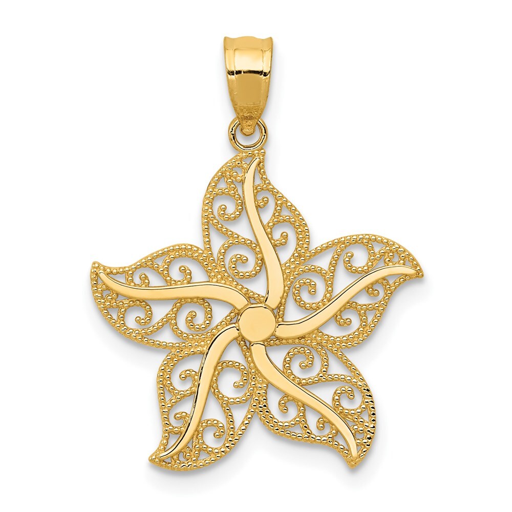 14k Yellow Gold Polished Filigree Starfish Pendant for Women