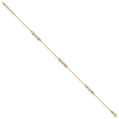 14K Two-tone with White Rhodium 3-Station Flowers 10" Anklet