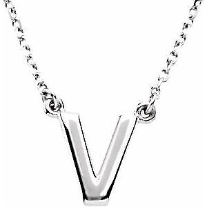 14k White Gold Block Initial V Pendant Necklace 16" for Women