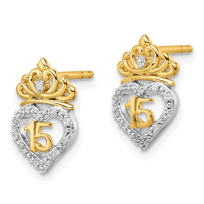 14K Two-Tone Gold Polished Diamond Quinceanera Heart/Crown Stud Earrings