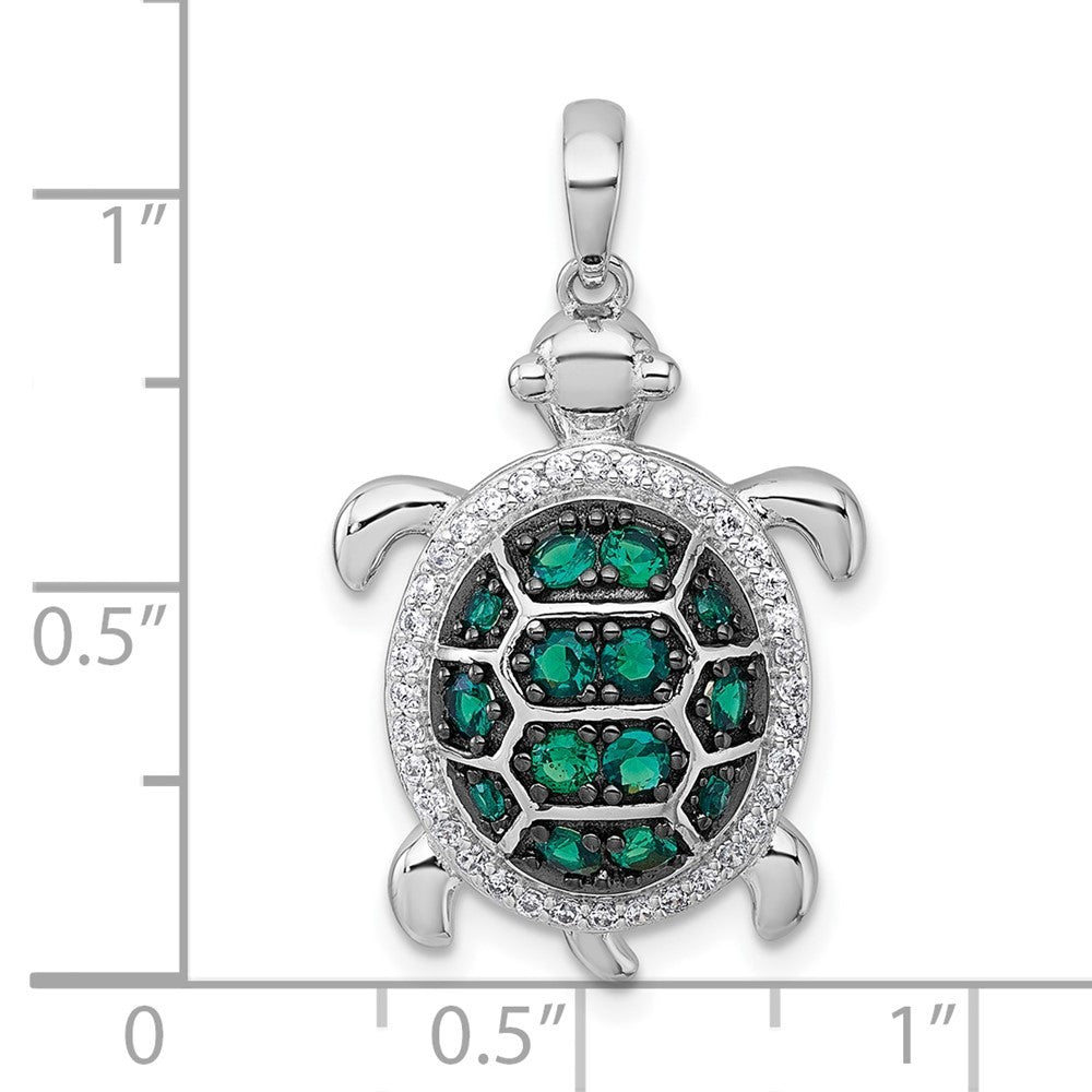 Sterling Silver White and Black White and Green Cubic Zirconia Turtle Pendant