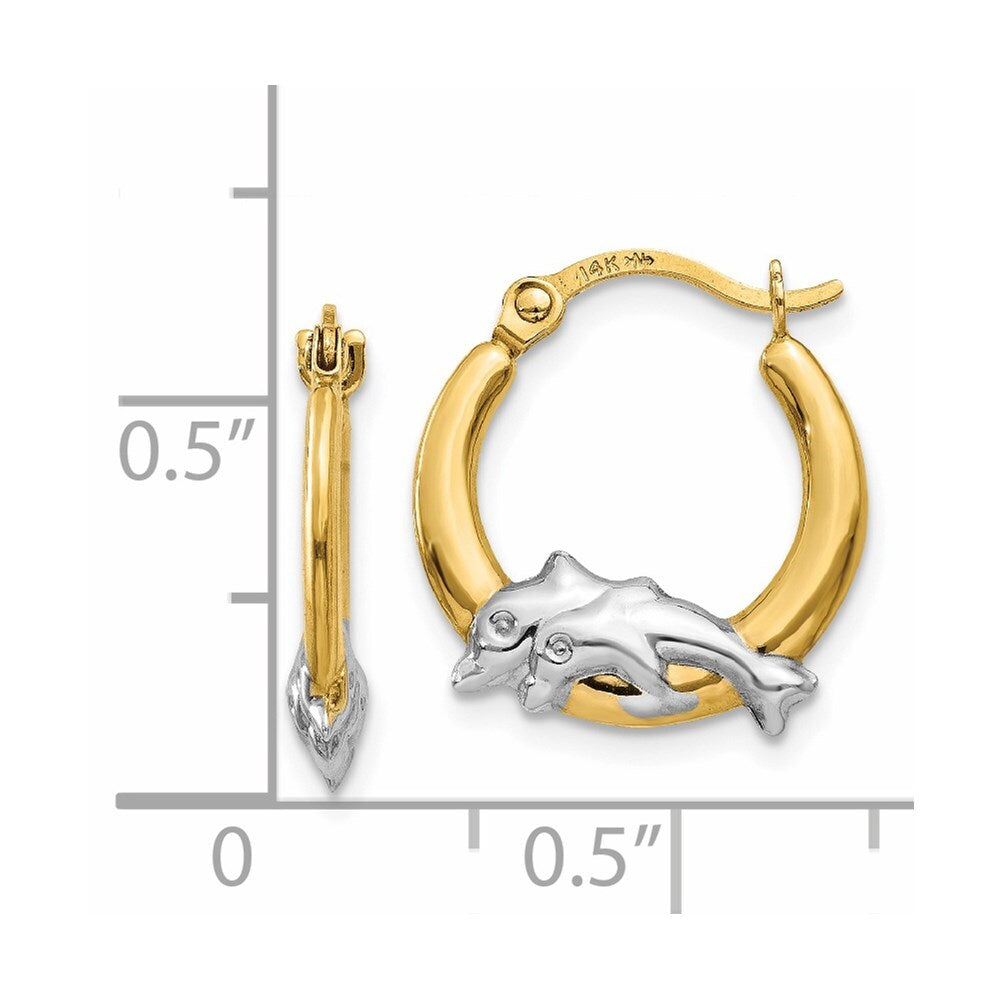 14k Yellow Gold & Rhodium Dolphin Hoop Earrings Gift for Women
