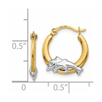 14k Yellow Gold & Rhodium Dolphin Hoop Earrings Gift for Women