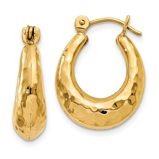 14k Yellow Gold Hammered Fancy Hollow Hoop Earrings Gift for Women