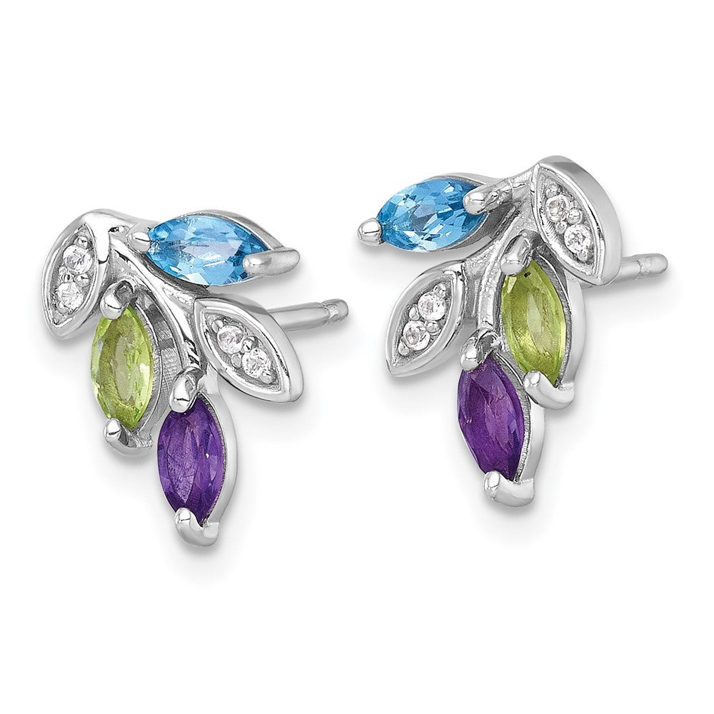 Sterling Silver Polished Amethyst, Peridot, and Blue and Topaz Leaf Earrings