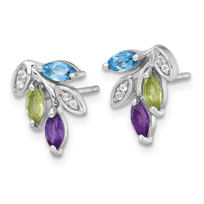 Sterling Silver Polished Amethyst, Peridot, and Blue and Topaz Leaf Earrings