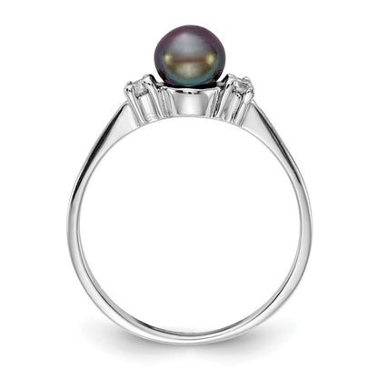 14k White Gold 5mm Black FW Cultured Pearl AA Diamond Ring
