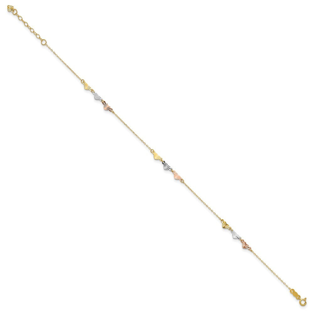 14K Tri-Color Diamond-cut Hearts 10" Anklet