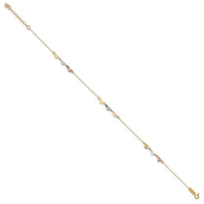 14K Tri-Color Diamond-cut Hearts 10" Anklet