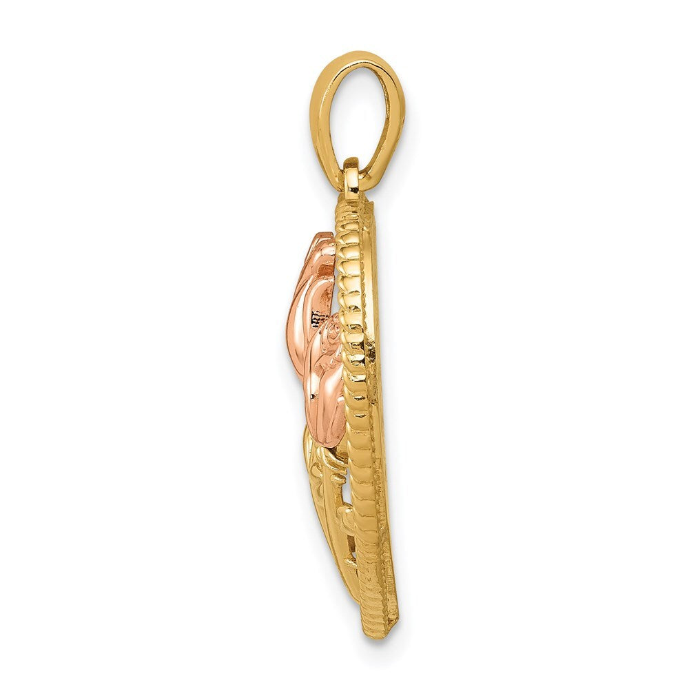 14k Two-tone Gold Polished Flowers in Heart Pendant for Women