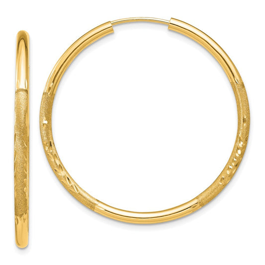 14k Yellow Gold 2mm Satin Diamond-cut Endless Hoop Earrings
