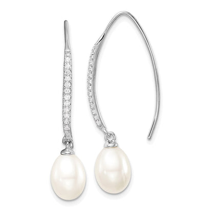 Sterling Silver White Teardrop Cultured Pearl & Cubic Zirconia Threader Earrings