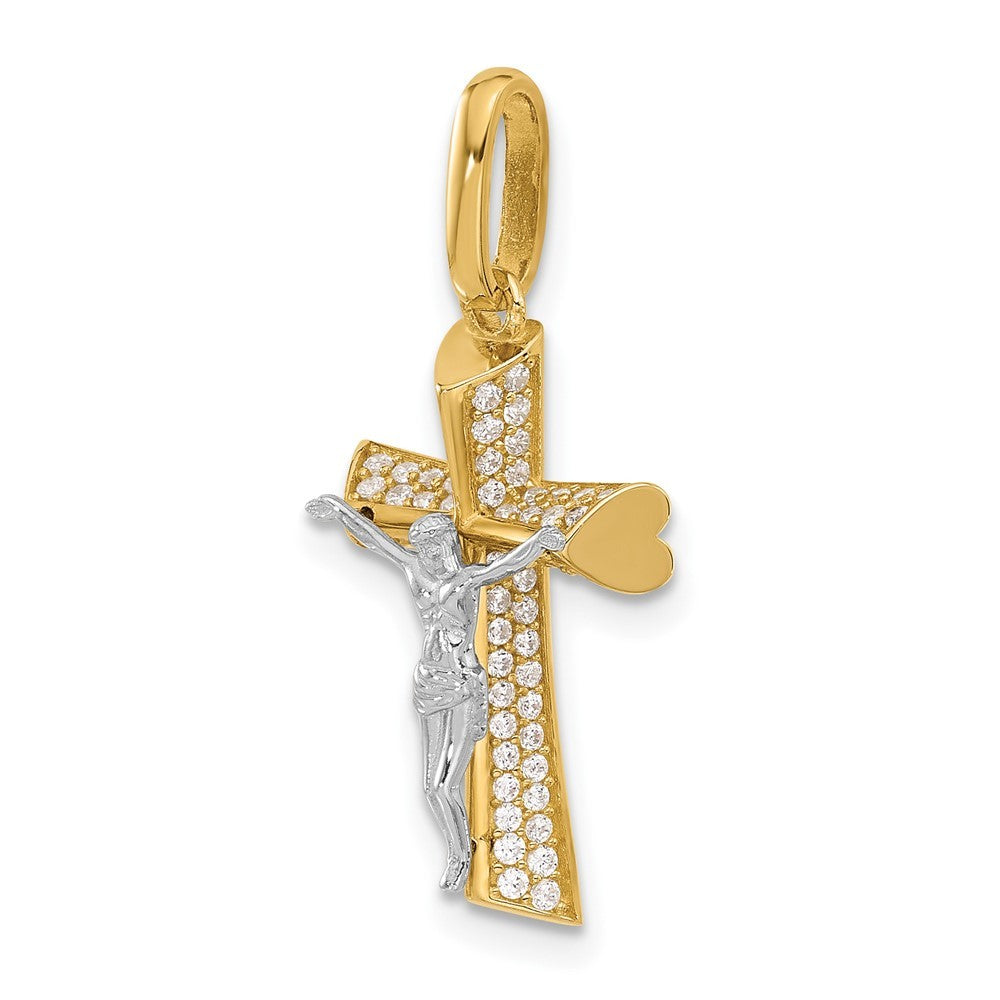 14K Two-Tone Gold Polished Cubic Zirconia Crucifix with Heart Ends Pendant