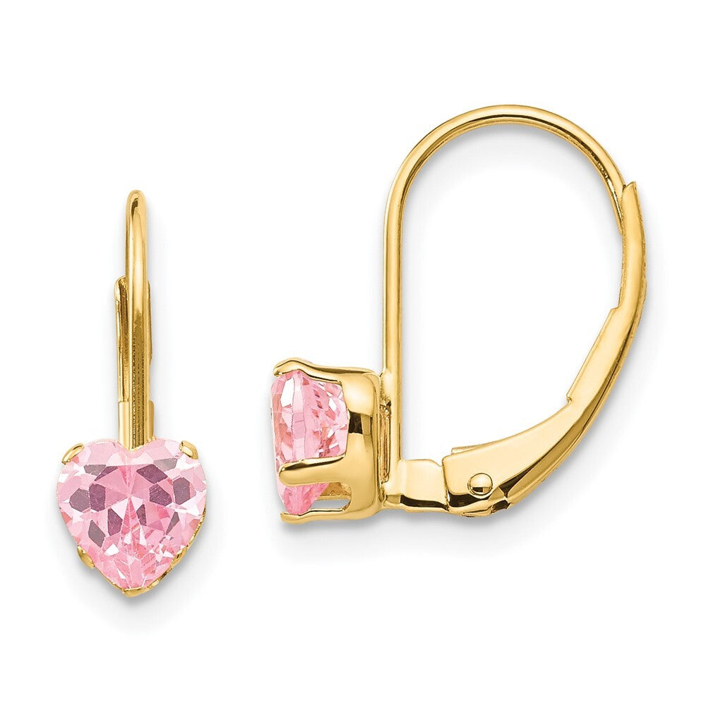 14k Yellow Gold Pink Cubic Zirconia Heart Leverback Earrings Gift for Women