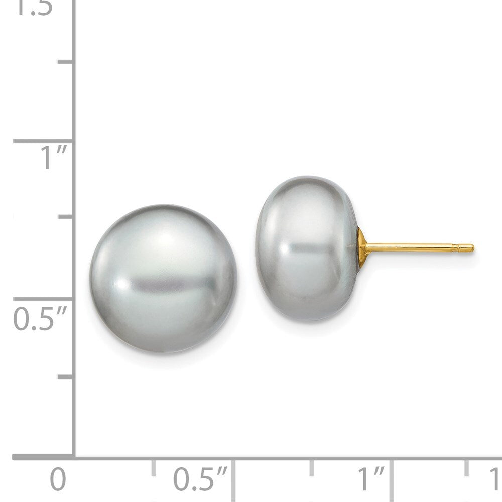 14k Yellow Gold 11-12mm Grey Button Freshwater Cultured Pearl Stud Earrings