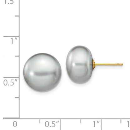 14k Yellow Gold 11-12mm Grey Button Freshwater Cultured Pearl Stud Earrings