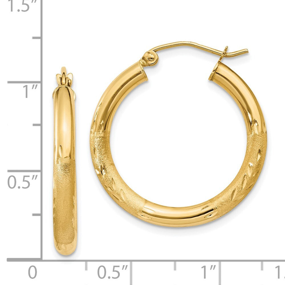 14k Yellow Gold Satin and Diamond-cut 3mm Round Hoop Earrings Gift for Women