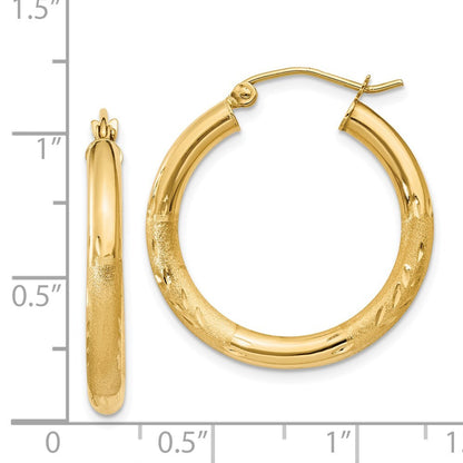 14k Yellow Gold Satin and Diamond-cut 3mm Round Hoop Earrings Gift for Women