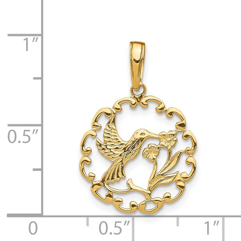 14k Yellow Gold Hummingbird Flower in Frame Pendant for Women