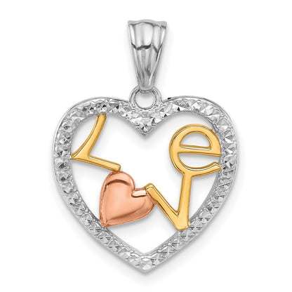 14k Tri-Color Gold Tri-Color Diamond-cut LOVE in Heart Pendant for Women
