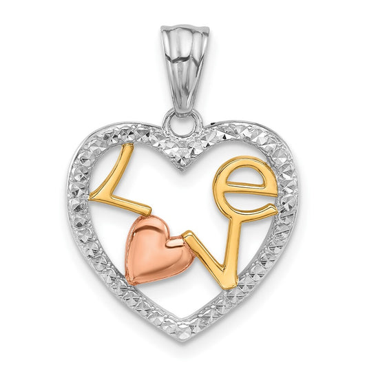 14k Tri-Color Gold Tri-Color Diamond-cut LOVE in Heart Pendant for Women