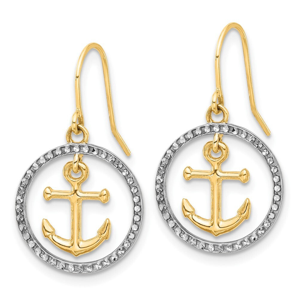 14k Yellow Gold and White Rhodium Diamond-cut Anchor Dangle in Circle Earrings