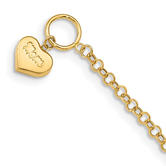 14k Yellow Gold Puffed MOM Heart Dangle 7.5 inch Toggle Bracelet