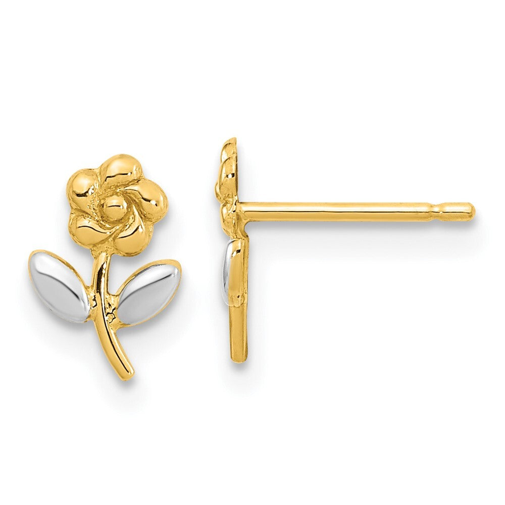 14k Yellow Gold and Rhodium Flower Stud Earrings Gift for Women