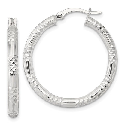 Sterling Silver Polished Diamond-cut Textured 30x3.25mm Round Hoop Earrings