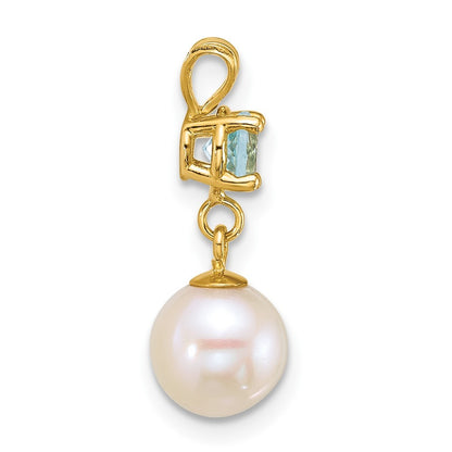 14k Yellow Gold 7-8mm Round White Cultured Pearl Dangle and Blue Topaz Pendant