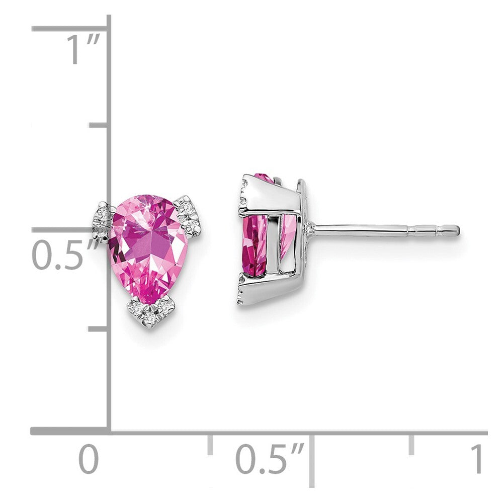 14k White Gold Pear Created Pink Sapphire and Diamond Stud Earrings