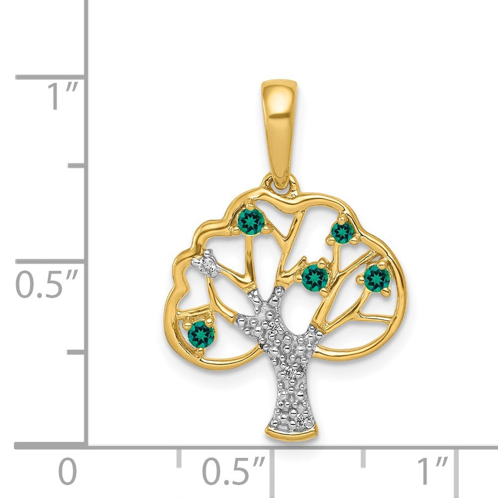 14k Yellow Gold Created Emerald and Diamond Polished Tree Pendant for Women