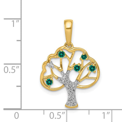 14k Yellow Gold Created Emerald and Diamond Polished Tree Pendant for Women