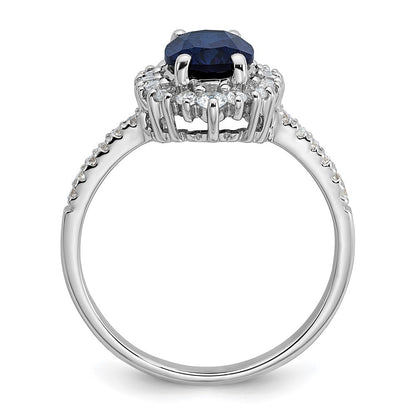 Sterling Silver Lab Created Sapphire and CZ Oval Halo Size 6 Ring