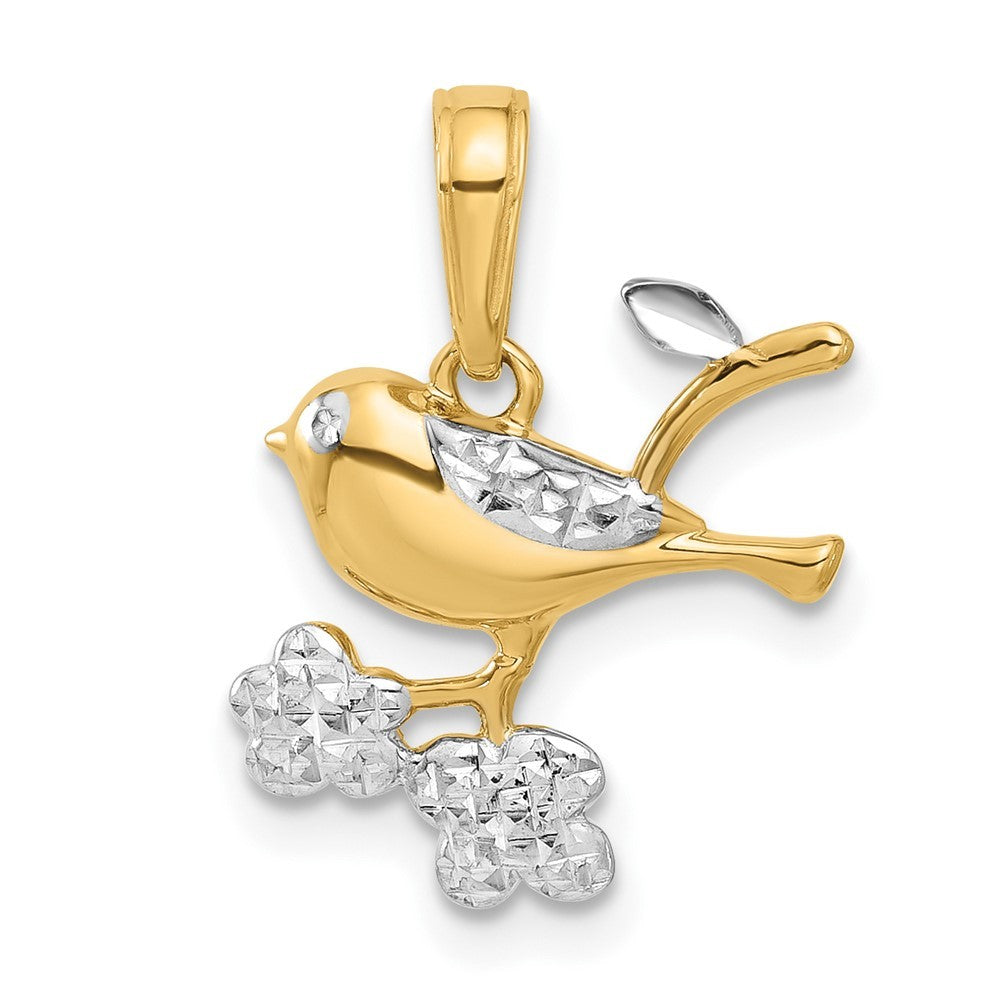 14k Yellow Gold and White Rhodium Diamond-Cut Bird on Branch Pendant