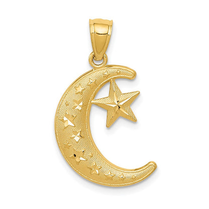 14k Yellow Gold Polished and Textured Moon and Stars Pendant