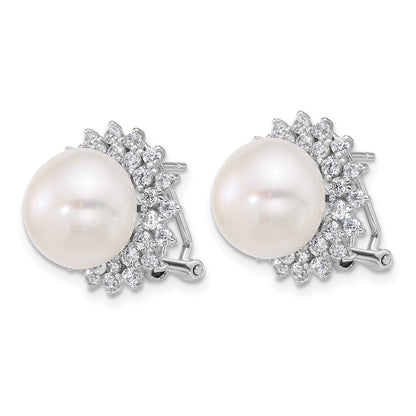 Sterling Silver 11-12mm Freshwater Cultured Pearl & CZ Halo Omega Back Earrings