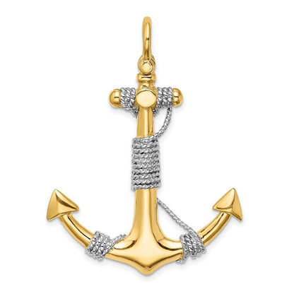 14k Yellow Gold 3-D Large Anchor Wrapped Rope Charm with Rhodium Plating